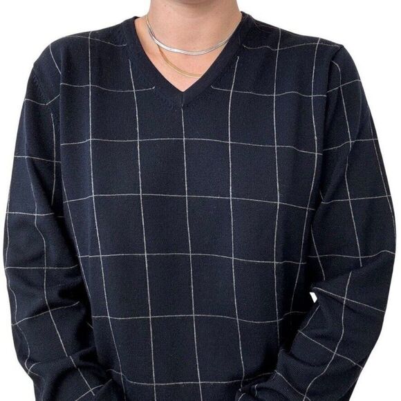 Vintage Brooks Brothers Country Club Navy Blue Checkered 100% Wool Sweater sz M - Picture 5 of 7